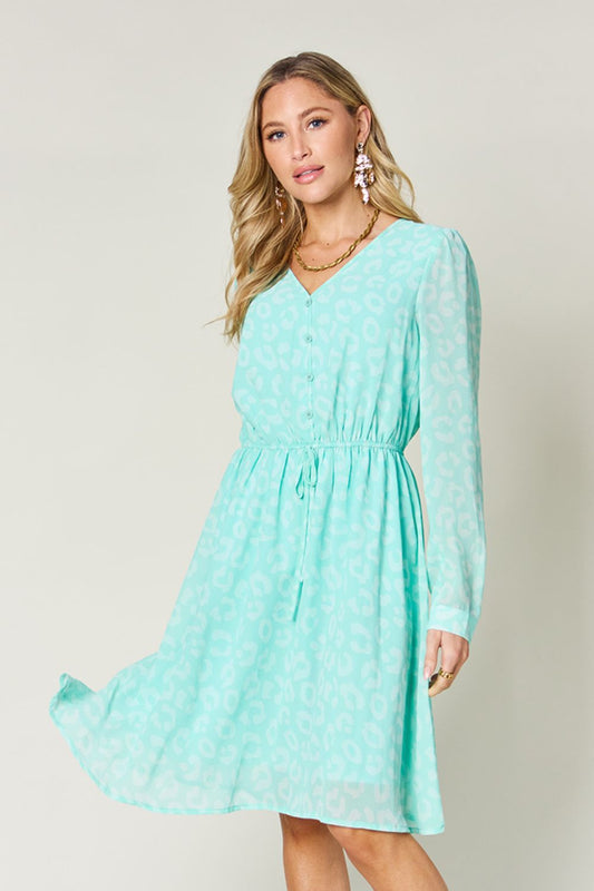 Double Take Full Size Printed Ruched V-Neck Long Sleeve Dress - RebelReine Apparel & Co.