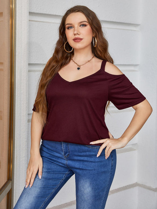 Plus Size V-Neck Cold-Shoulder Blouse - RebelReine Apparel & Co.