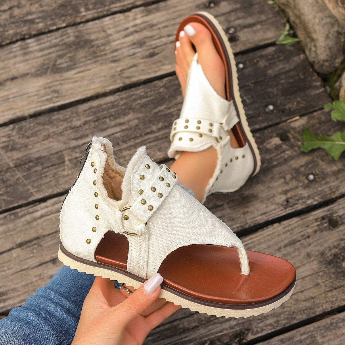 Studded Raw Hem Flat Sandals - RebelReine Apparel & Co.