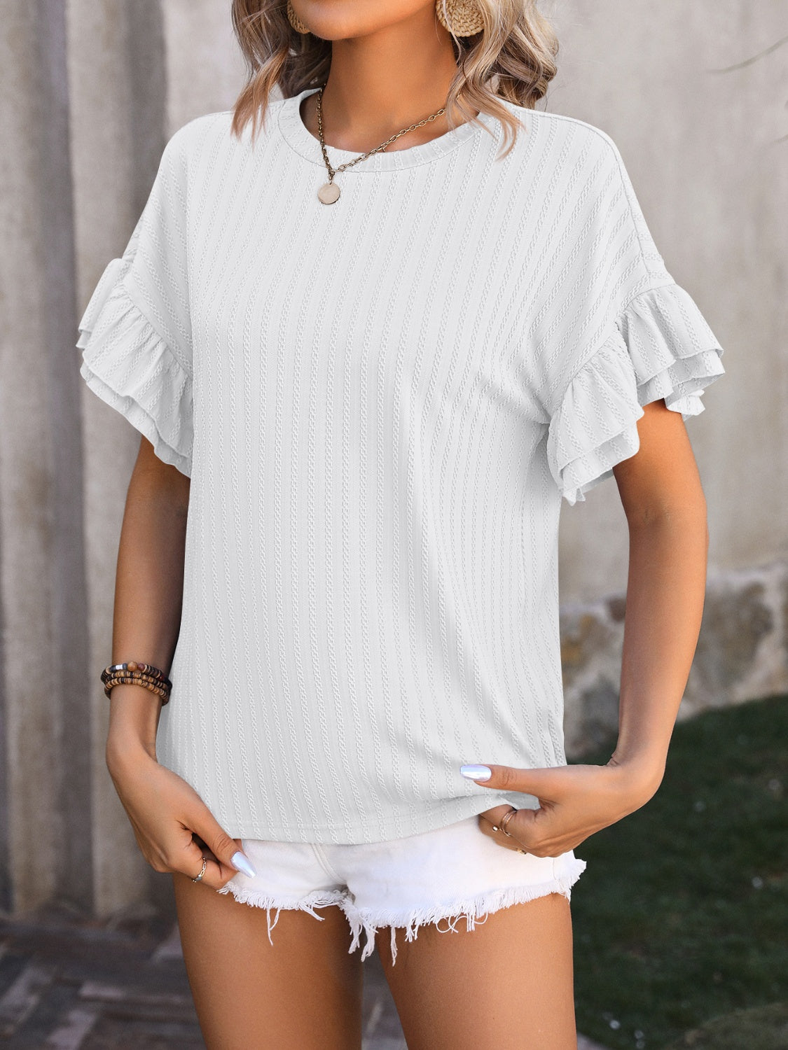 Ruffled Round Neck Short Sleeve Blouse - RebelReine Apparel & Co.