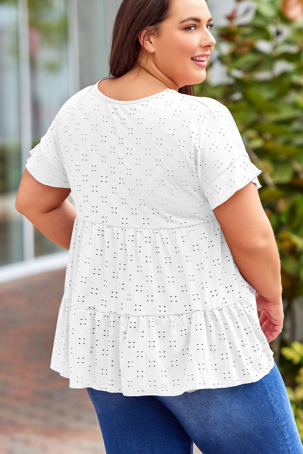 Plus Size Eyelet Round Neck Short Sleeve Blouse - RebelReine Apparel & Co.