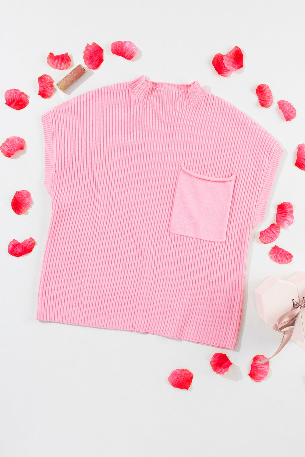 Pink Patch Pocket Ribbed Knit Short Sleeve Sweater - RebelReine Apparel & Co.