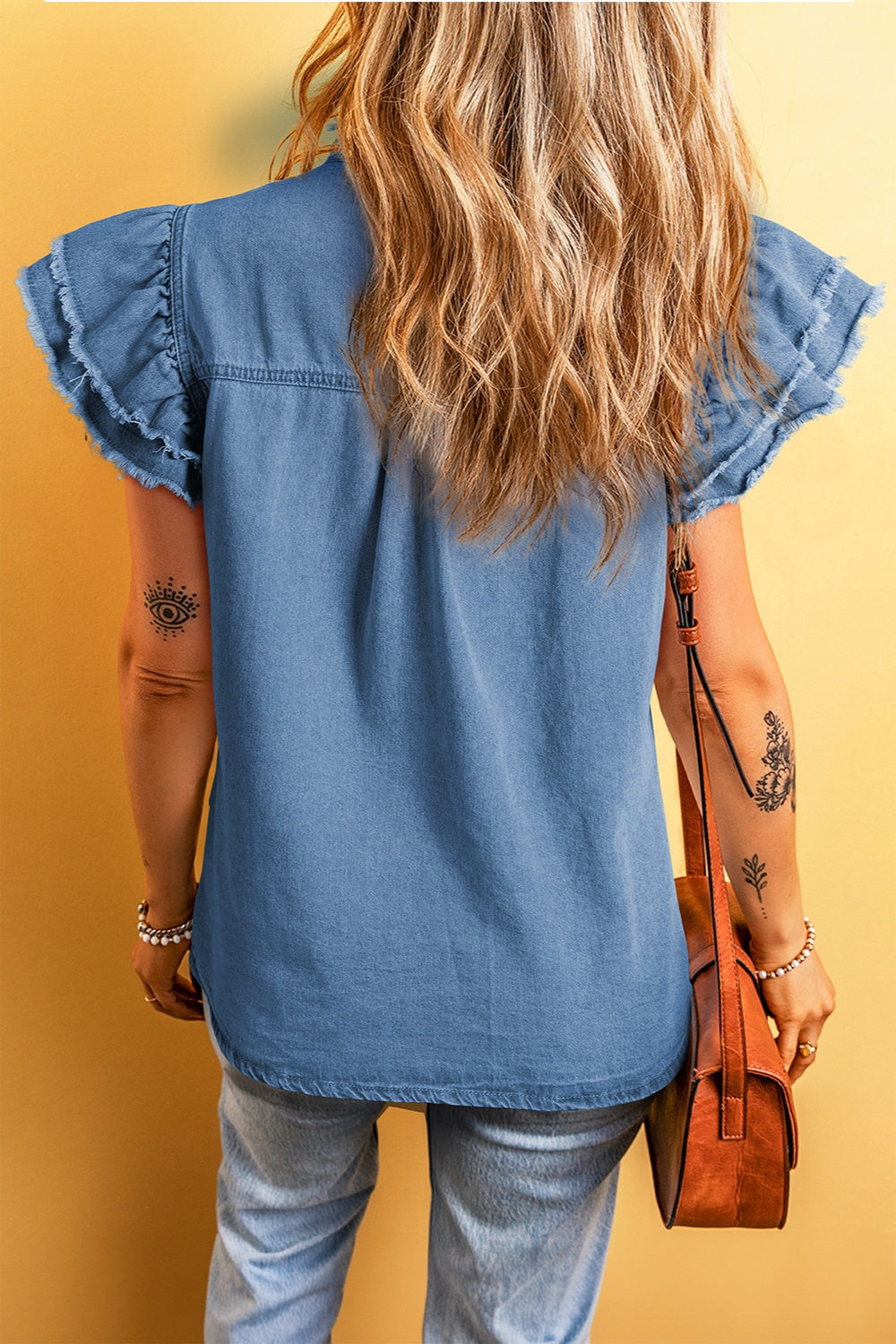 Raw Hem Button Up Cap Sleeve Denim Top - RebelReine Apparel & Co.