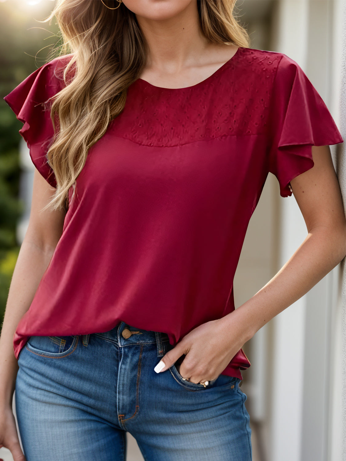 Full Size Ruffled Round Neck Short Sleeve Blouse - RebelReine Apparel & Co.