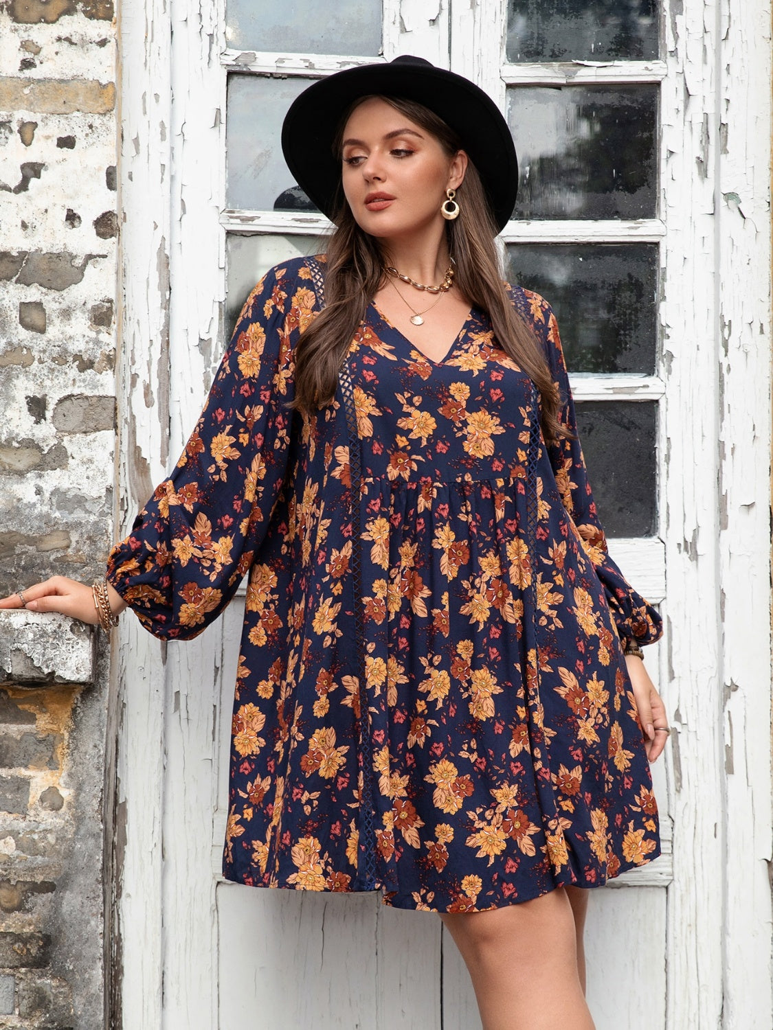 Plus Size Floral V-Neck Balloon Sleeve Dress - RebelReine Apparel & Co.