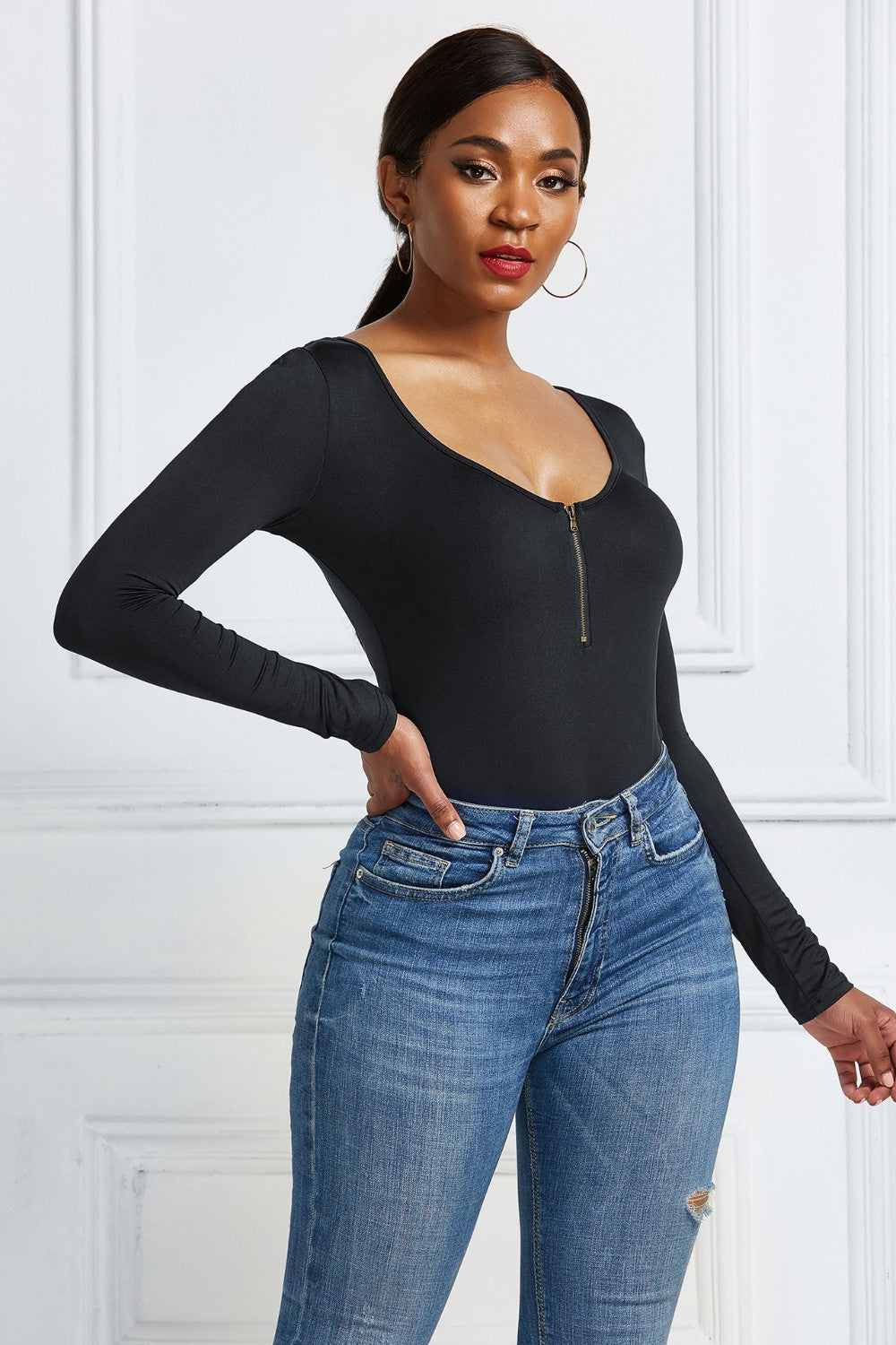 Half Zip Scoop Neck Long Sleeve Bodysuit Trendsi