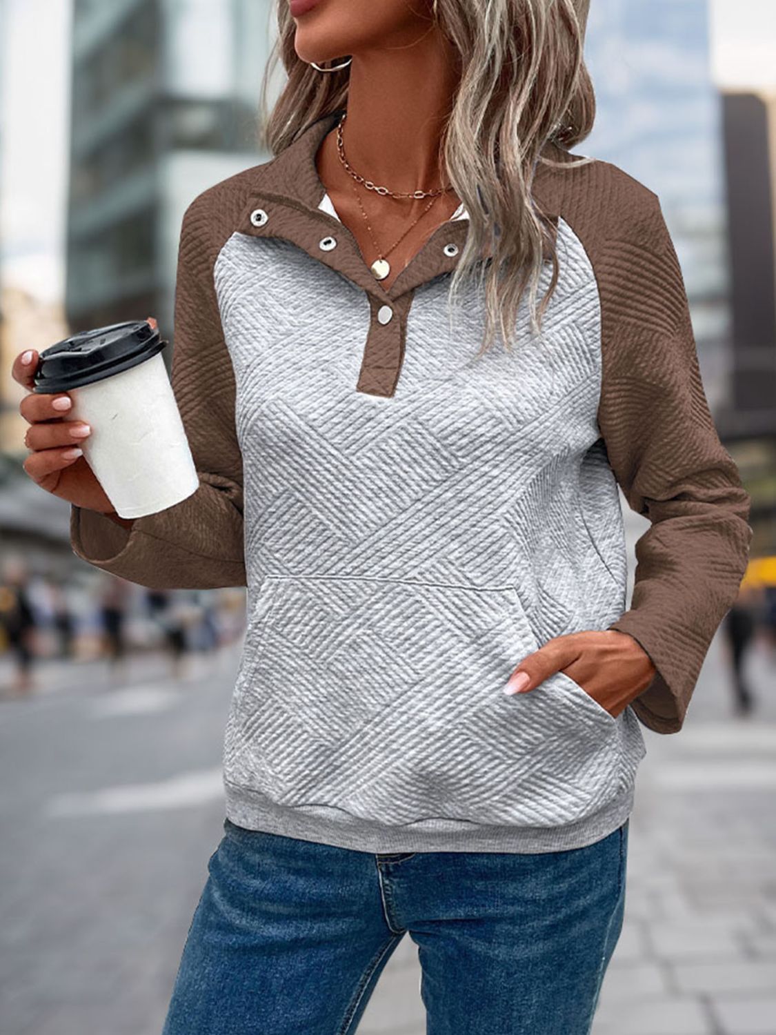 Contrast Textured Long Sleeve Sweatshirt