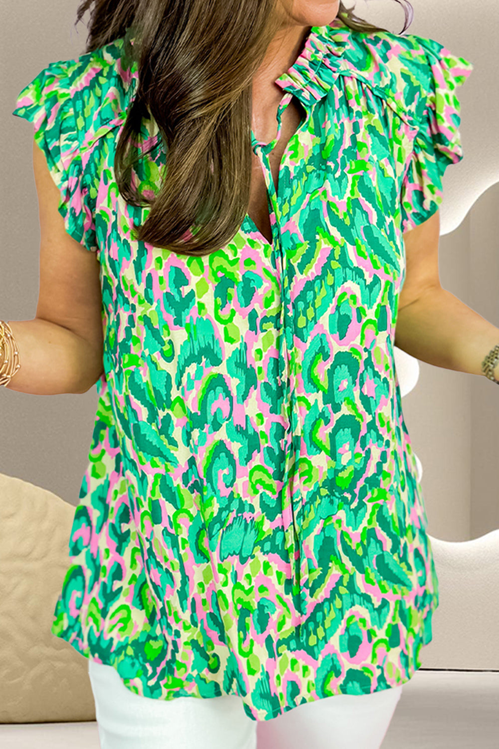 Ruffled Printed Tie Neck Cap Sleeve Blouse - RebelReine Apparel & Co.