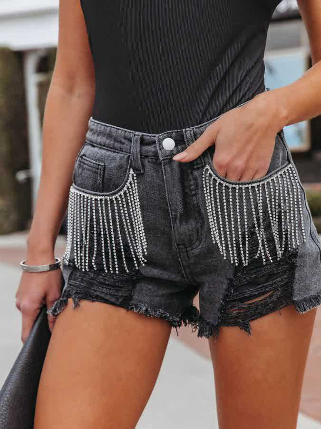 Distressed Fringe Denim Shorts with Pockets - RebelReine Apparel & Co.