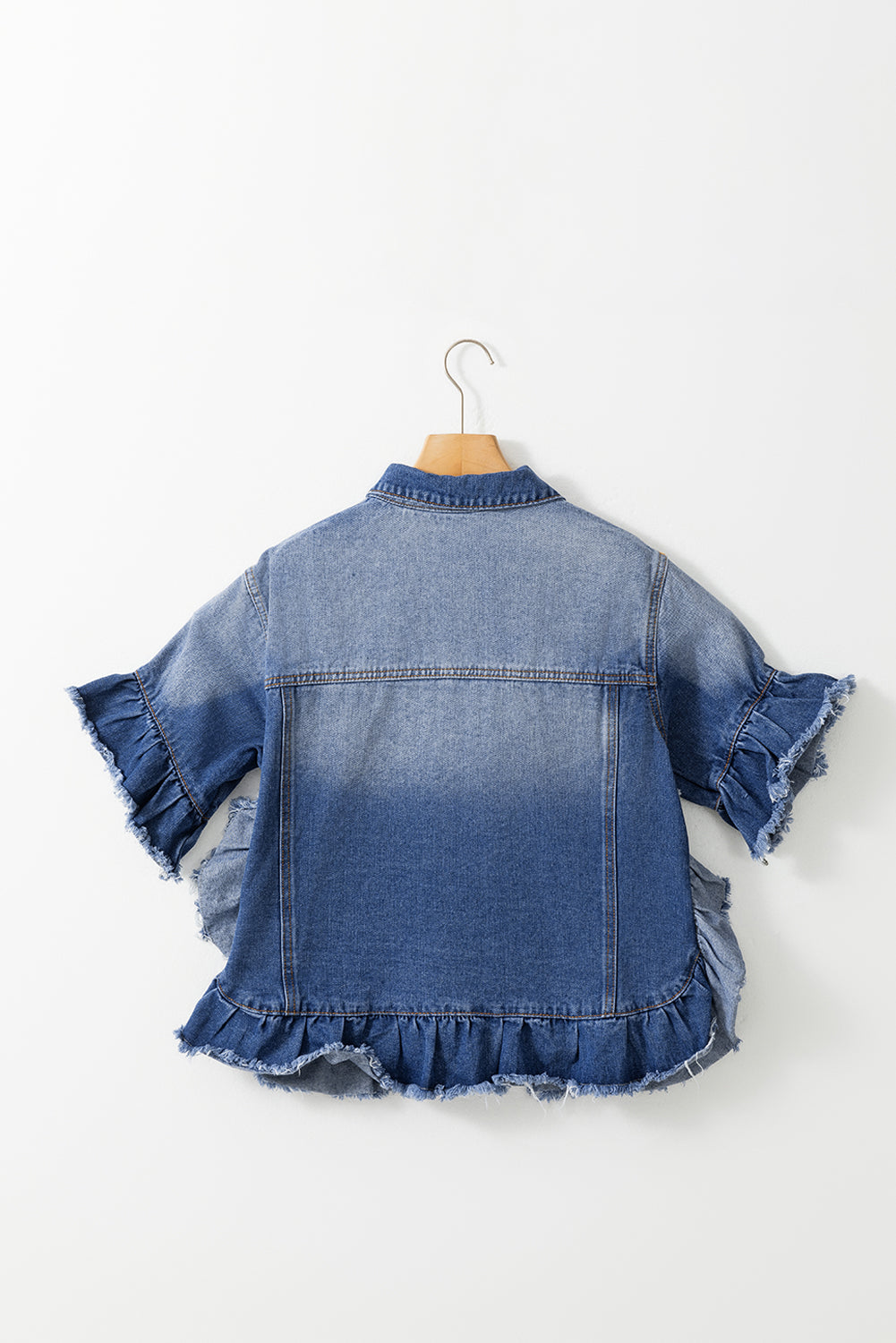 Ruffled Raw Hem Half Sleeve Denim Top - RebelReine Apparel & Co.