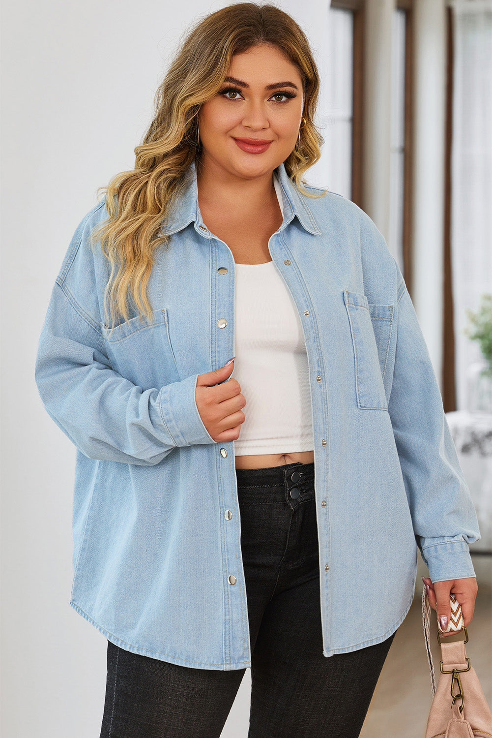 Plus Size Snap Down Pocketed Denim Jacket - RebelReine Apparel & Co.