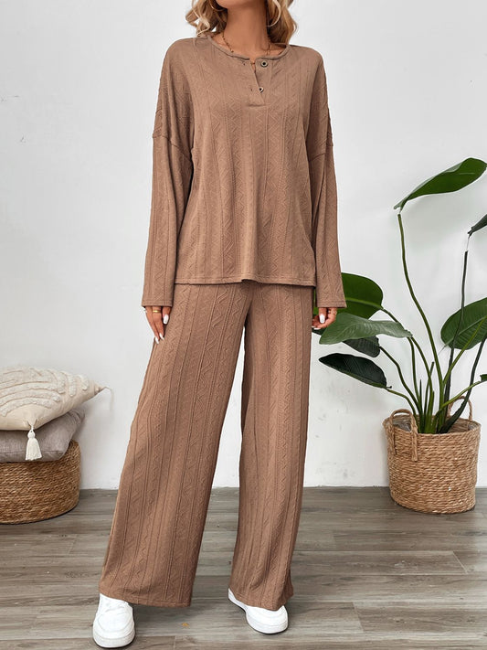 Perfee Quarter Button Long Sleeve Top and Pants Set