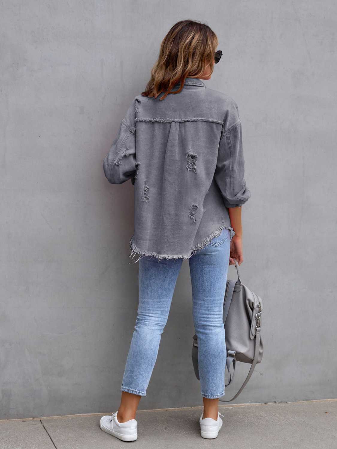 Distressed Drop Shoulder Denim Jacket - RebelReine Apparel & Co.