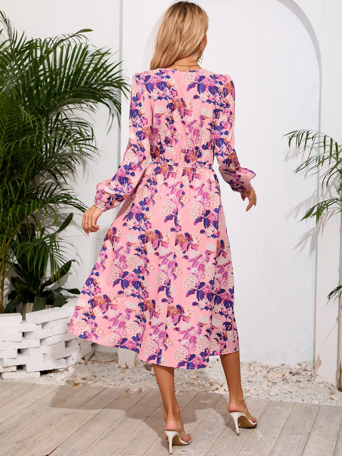 Printed Surplice Long Sleeve Midi Dress - RebelReine Apparel & Co.