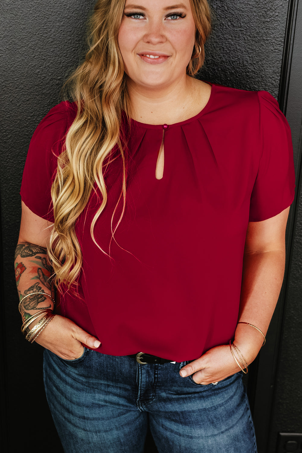 Plus Size Round Neck Short Sleeve Blouse - RebelReine Apparel & Co.