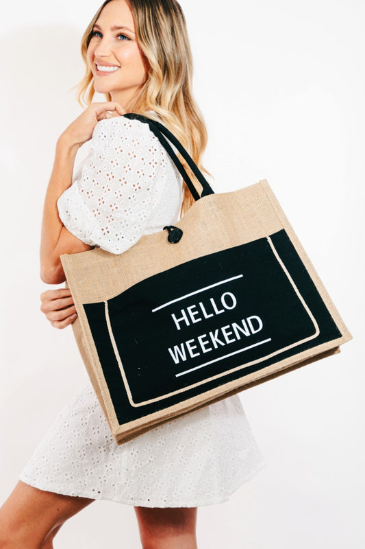 Fame Hello Weekend Burlap Tote Bag - RebelReine Apparel & Co.