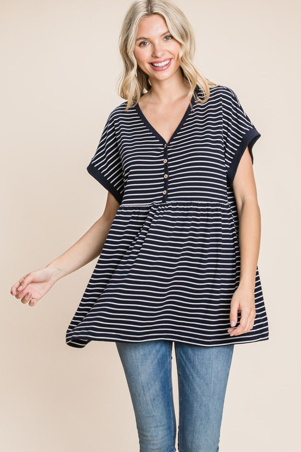 Cotton Bleu by Nu Label Striped Button Front Baby Doll Top - RebelReine Apparel & Co.