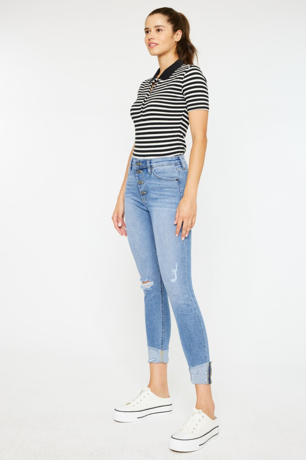 Kancan Distressed Cat's Whiskers Button Fly Jeans - RebelReine Apparel & Co.