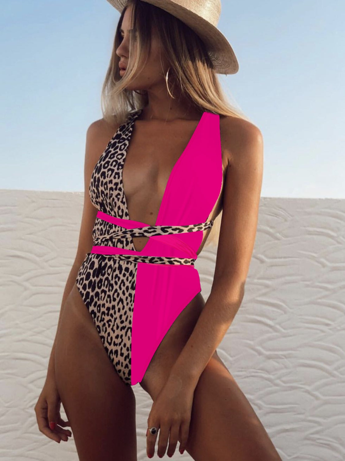 Tied Leopard Plunge One-Piece Swimwear - RebelReine Apparel & Co.