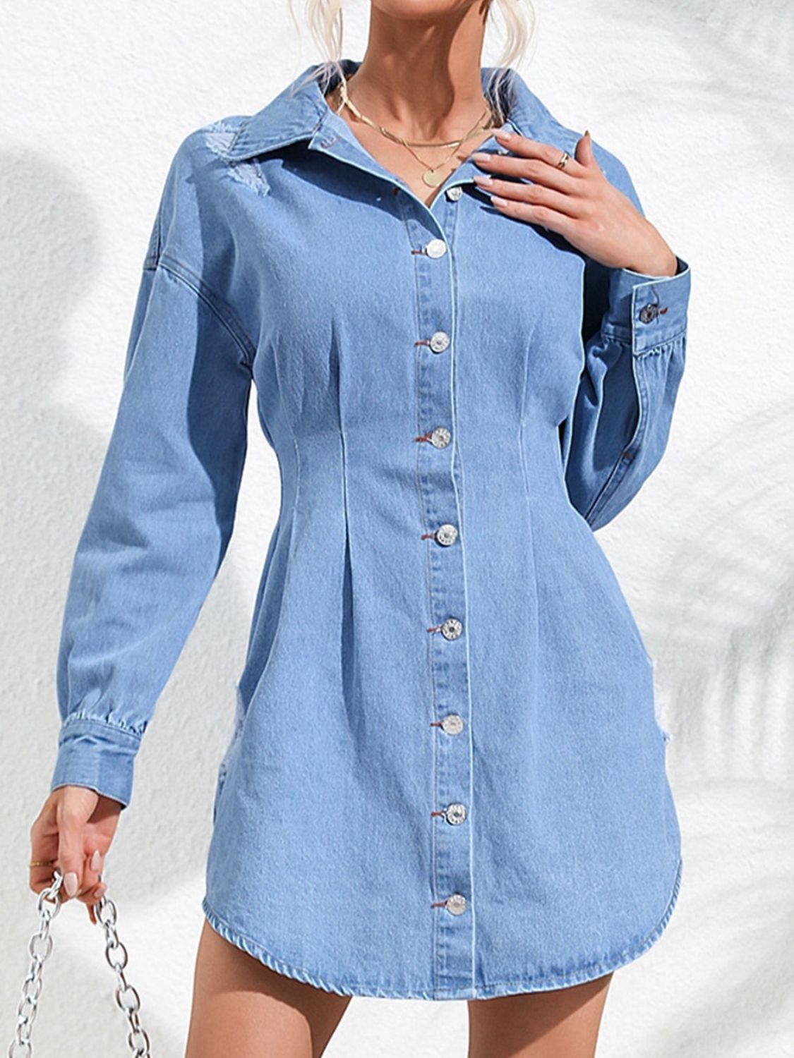 Distressed Button Up Long Sleeve Denim Dress - RebelReine Apparel & Co.