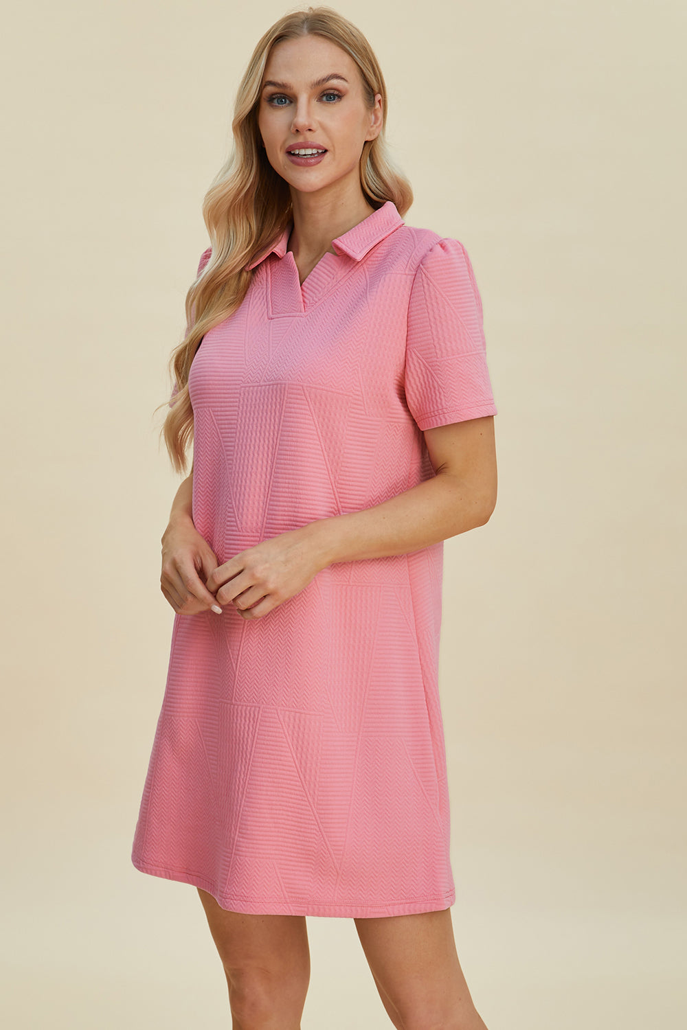 Double Take Full Size Texture Short Sleeve Dress - RebelReine Apparel & Co.