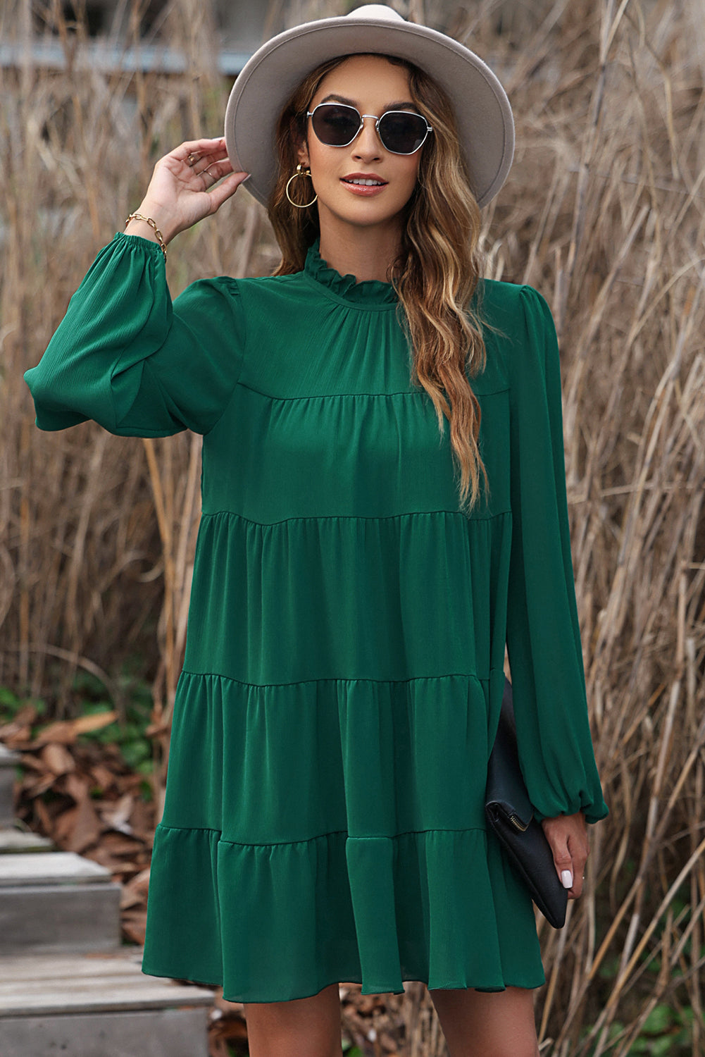 Green Puff Sleeve Mock Neck Back Knot Tiered Dress - RebelReine Apparel & Co.