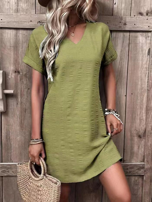 Full Size V-Neck Short Sleeve Mini Dress - RebelReine Apparel & Co.