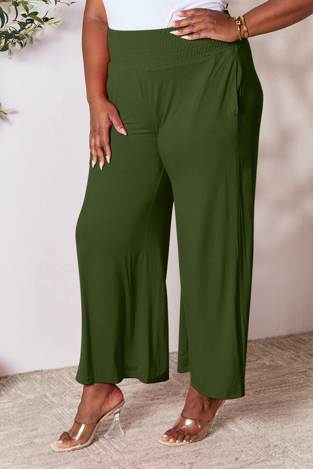 Double Take Full Size Smocked Wide Waistband Wide Leg Pants - RebelReine Apparel & Co.