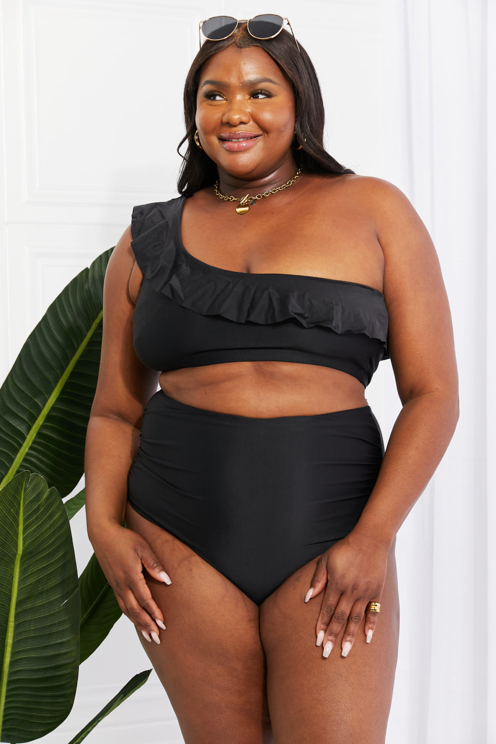 Marina West Swim Seaside Romance Ruffle One-Shoulder Bikini in Black - RebelReine Apparel & Co.