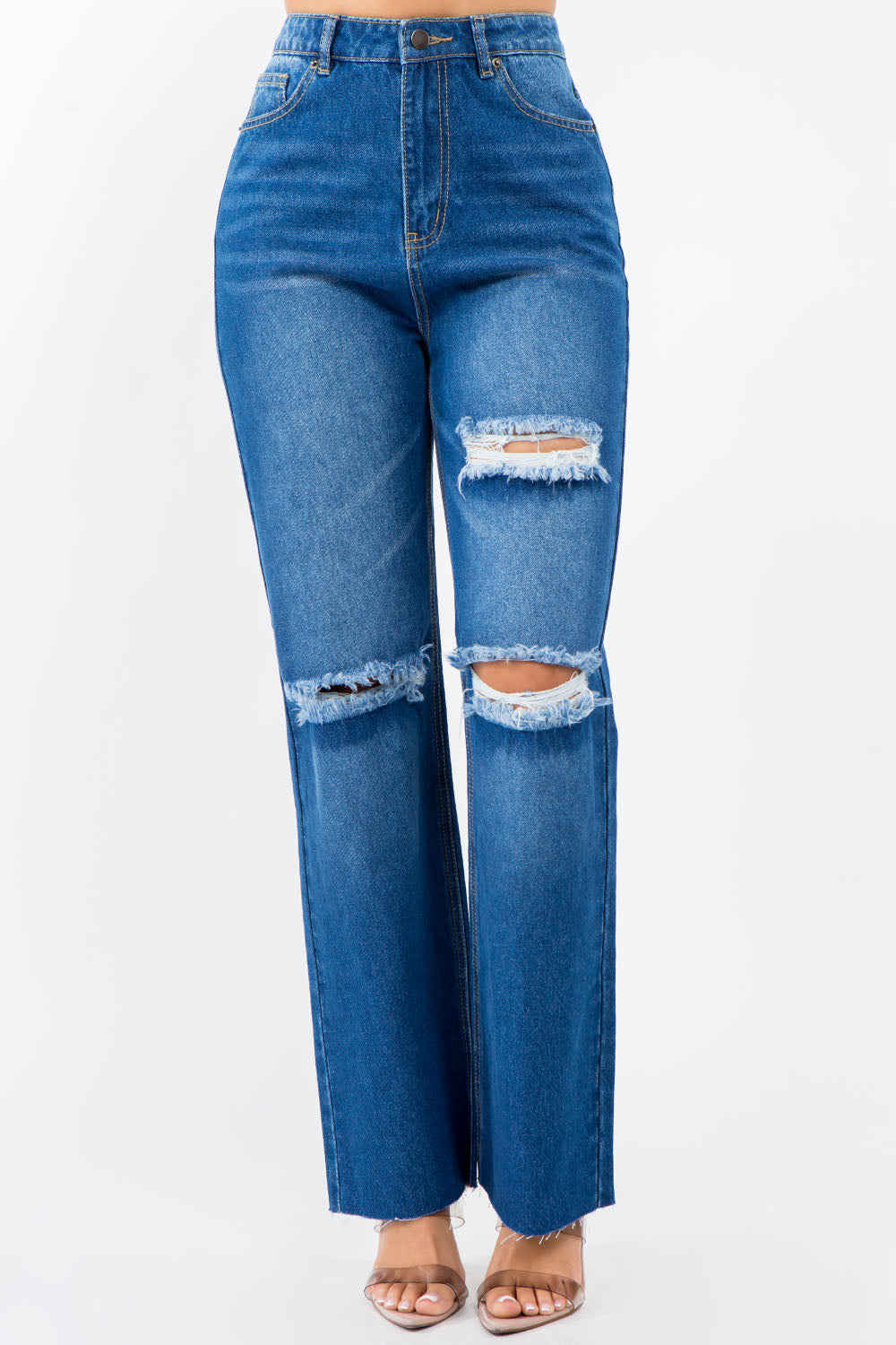 American Bazi High Waist Distressed Wide Leg Jeans - RebelReine Apparel & Co.