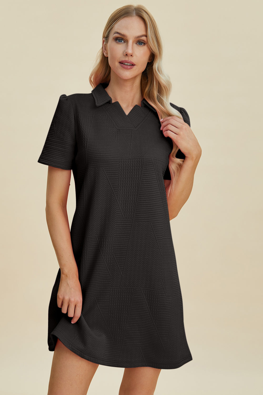 Double Take Full Size Texture Short Sleeve Dress - RebelReine Apparel & Co.