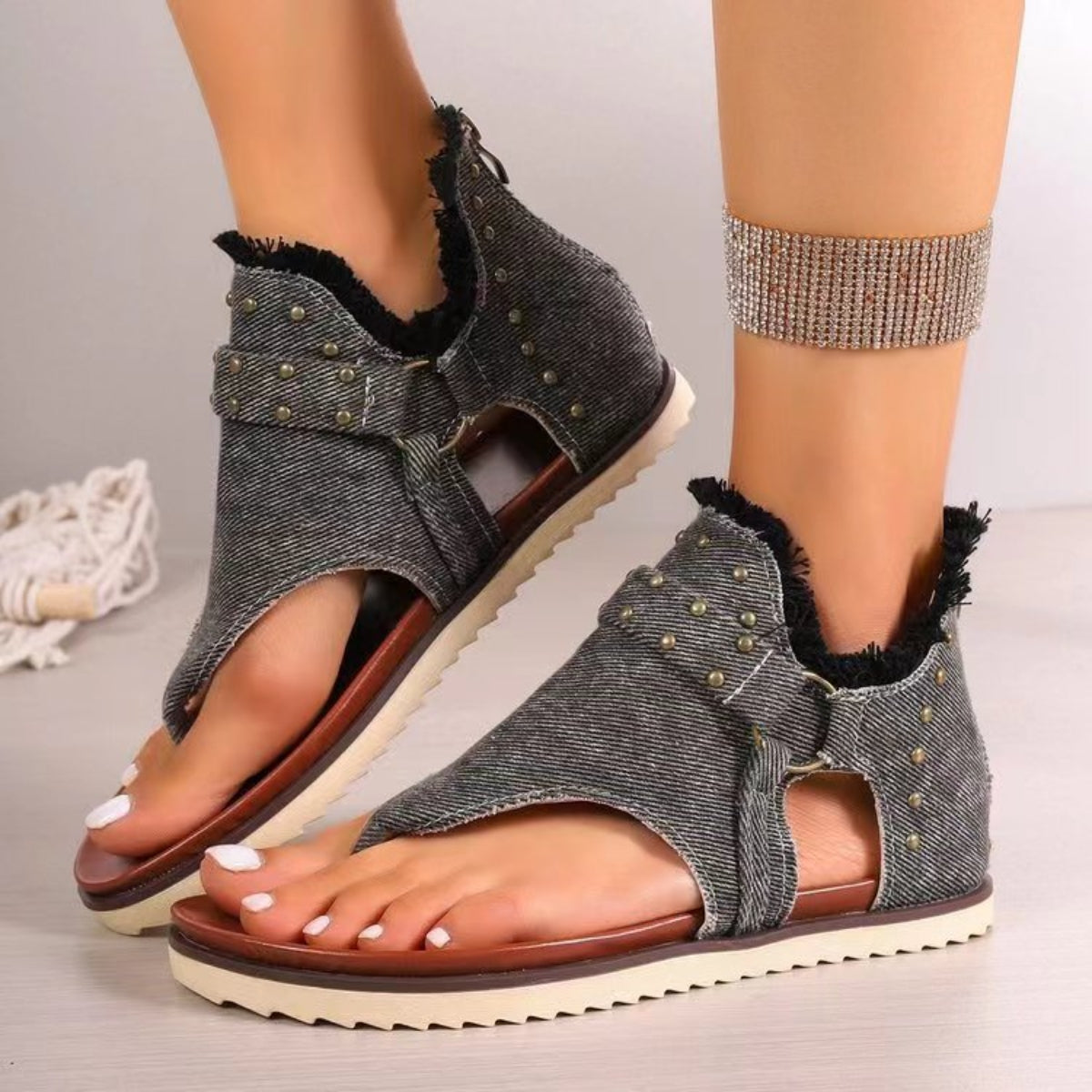 Studded Raw Hem Flat Sandals - RebelReine Apparel & Co.