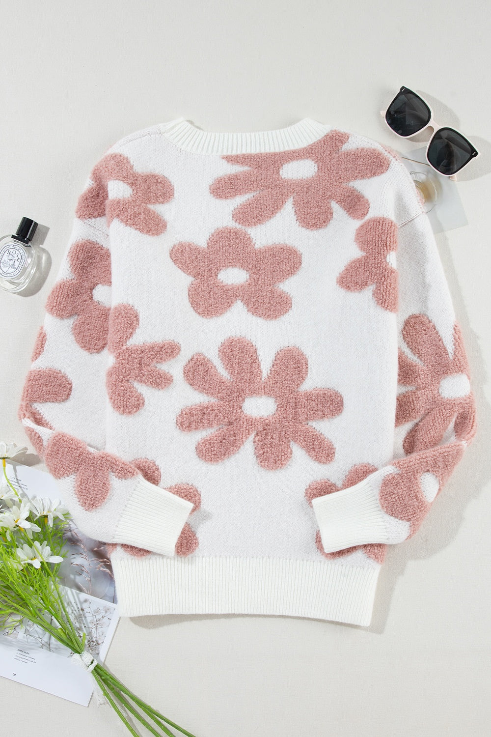 Flower Round Neck Long Sleeve Knit Top - RebelReine Apparel & Co.