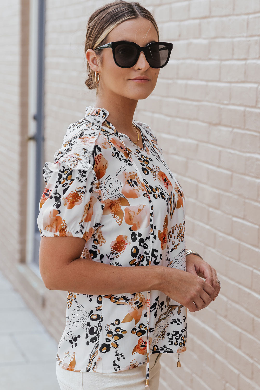 Ruffled Leopard Tie Neck Short Sleeve T-Shirt - RebelReine Apparel & Co.