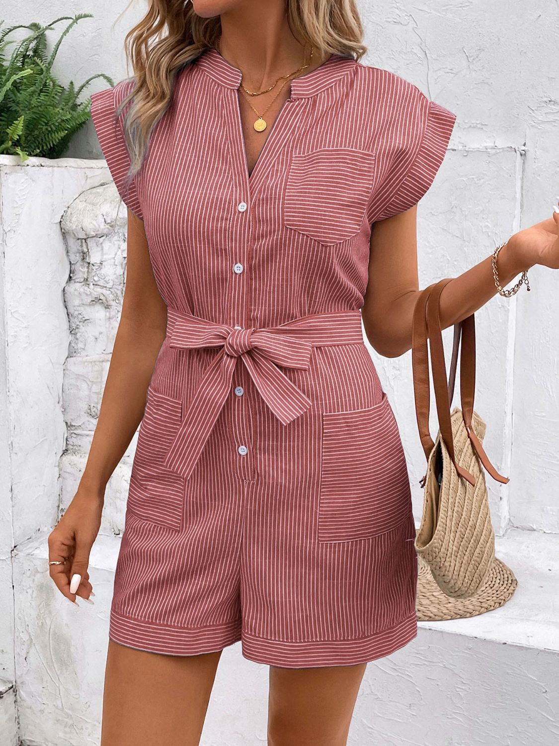 Striped Notched Tie Waist Romper - RebelReine Apparel & Co.