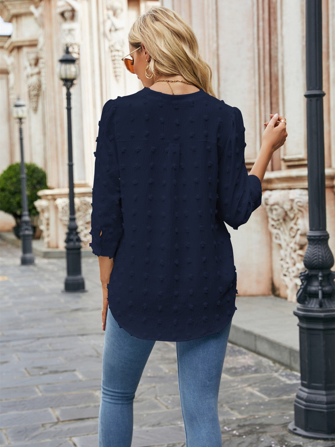 Swiss Dot Notched Neck Blouse - RebelReine Apparel & Co.