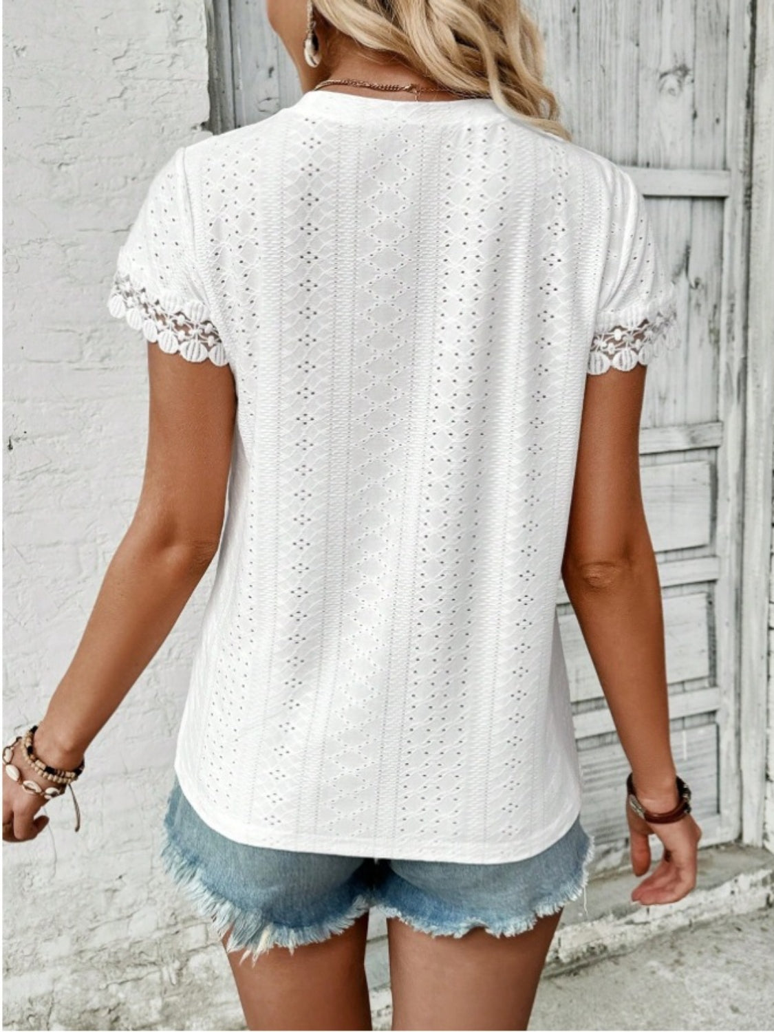 Lace Detail Round Neck Short Sleeve Blouse - RebelReine Apparel & Co.