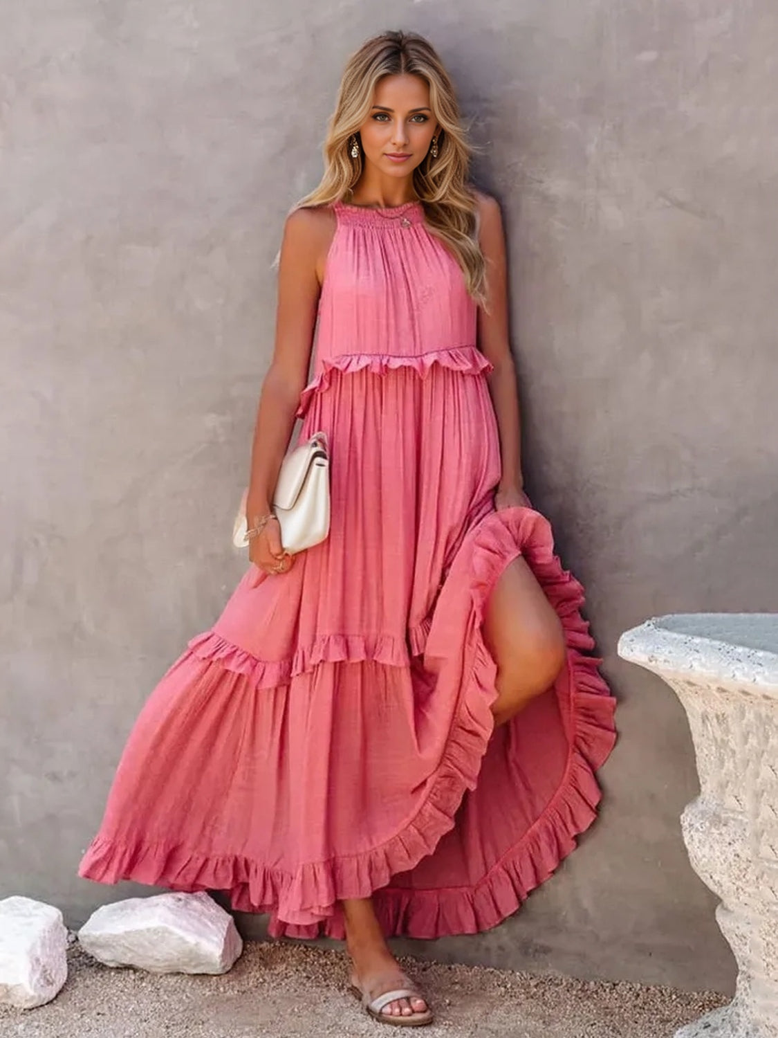 Ruffled Sleeveless Tiered Maxi Dress with Pockets - RebelReine Apparel & Co.