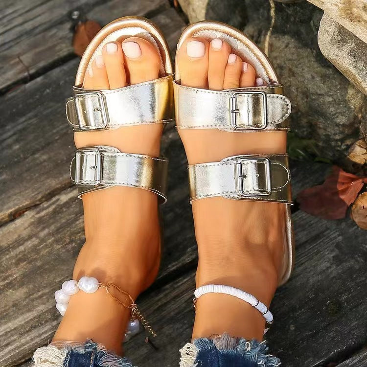 Open Toe Double Buckle Sandals - RebelReine Apparel & Co.