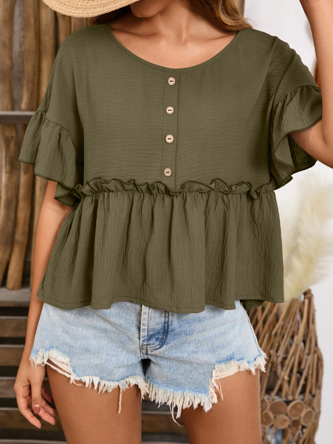 Frill Decorative Button Round Neck Half Sleeve Blouse - RebelReine Apparel & Co.