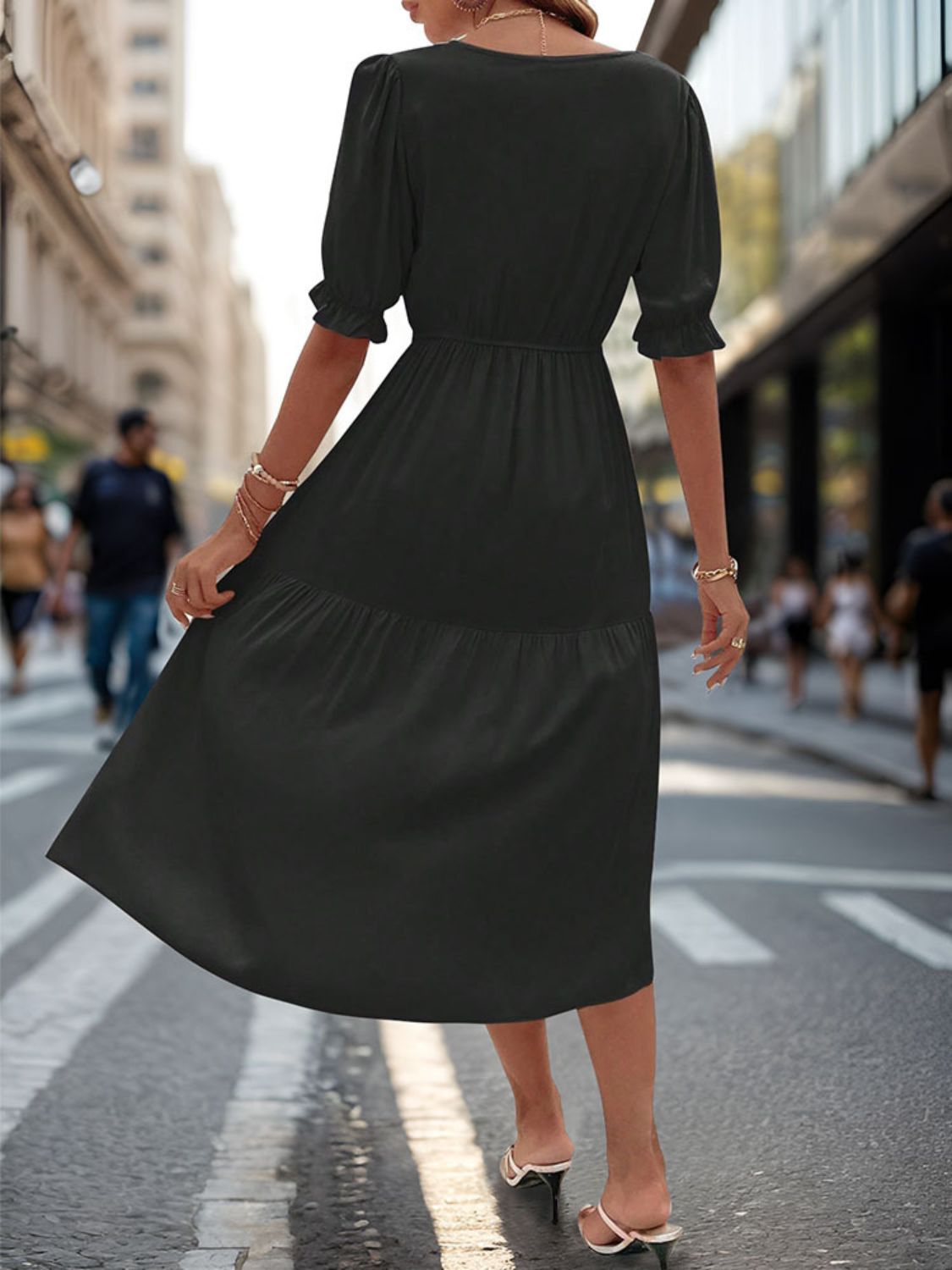 Ruched V-Neck Half Sleeve Midi Dress - RebelReine Apparel & Co.