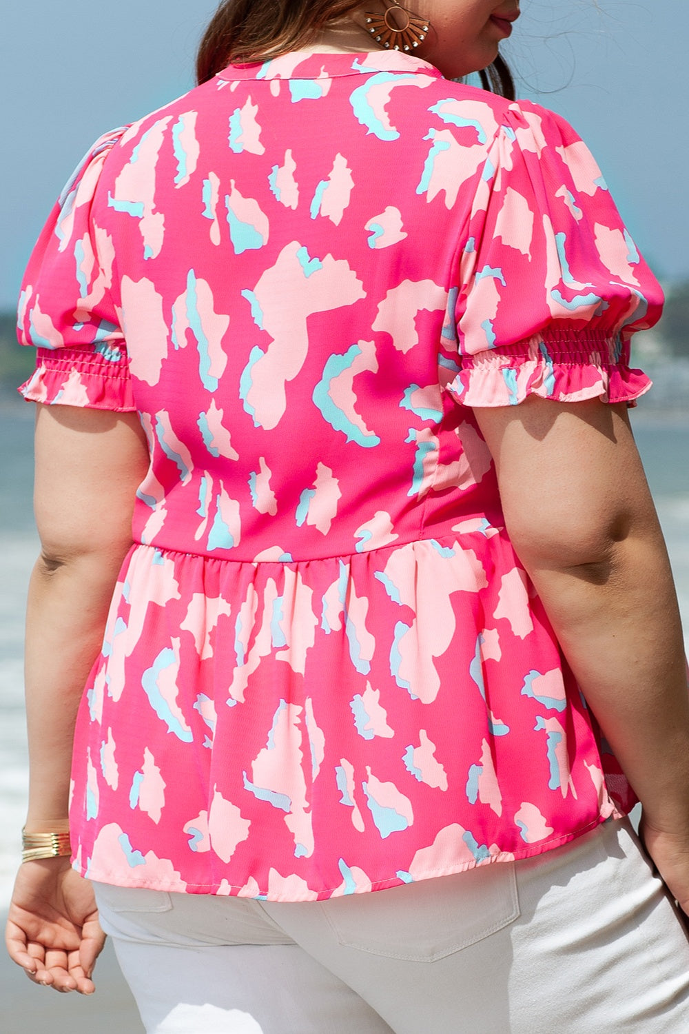 Plus Size Ruffled Printed Notched Short Sleeve Blouse - RebelReine Apparel & Co.