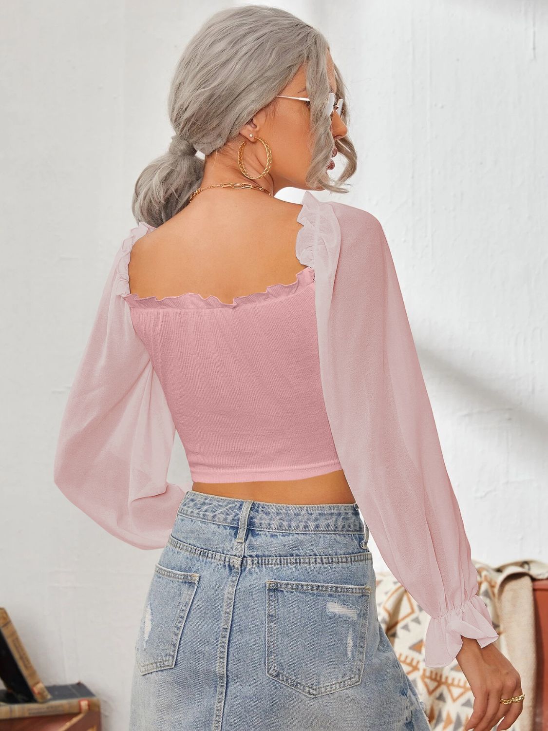 Mesh Sweetheart Neck Flounce Sleeve Top - RebelReine Apparel & Co.