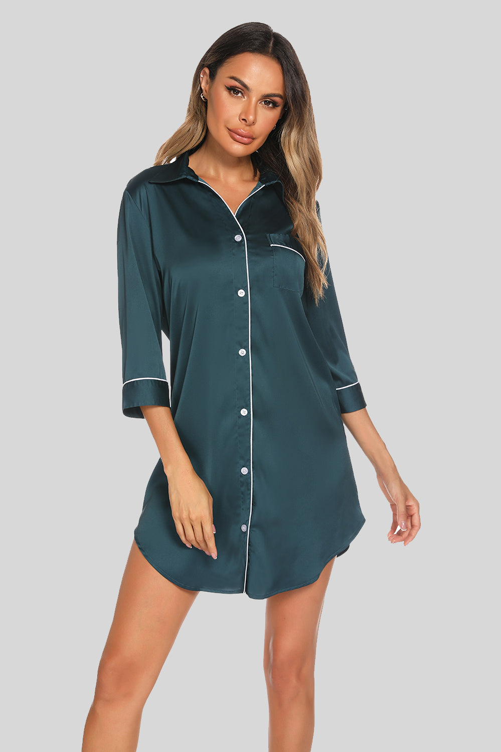 Button Up Collared Neck Night Dress with Pocket - RebelReine Apparel & Co.