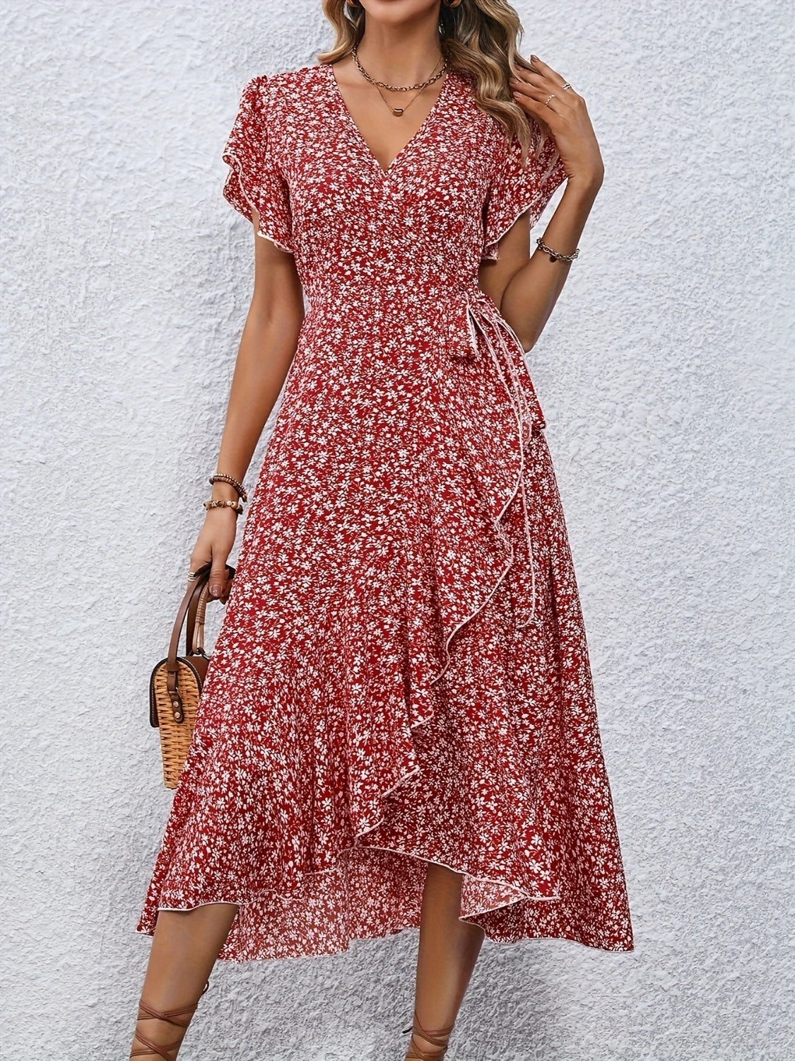 Printed Surplice Flutter Sleeve Midi Dress - RebelReine Apparel & Co.