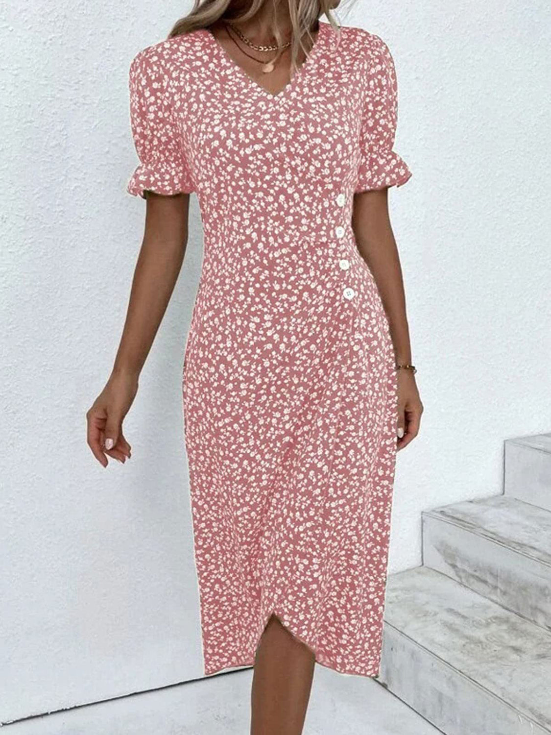 Full Size Printed Surplice Flounce Sleeve Midi Dress - RebelReine Apparel & Co.