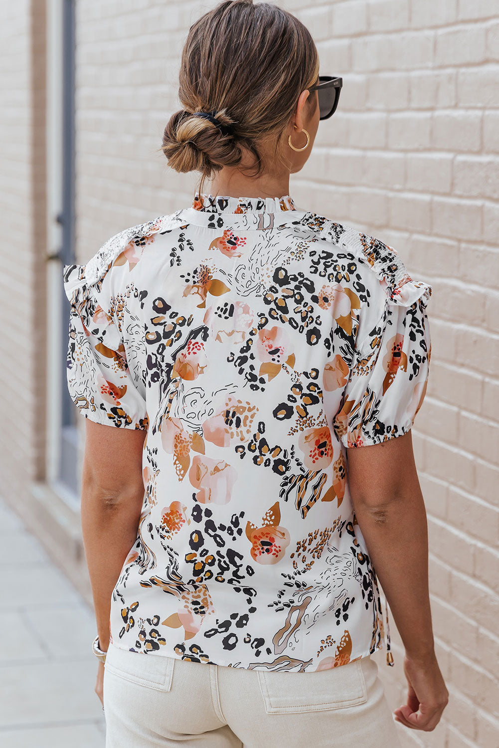 Ruffled Leopard Tie Neck Short Sleeve T-Shirt - RebelReine Apparel & Co.