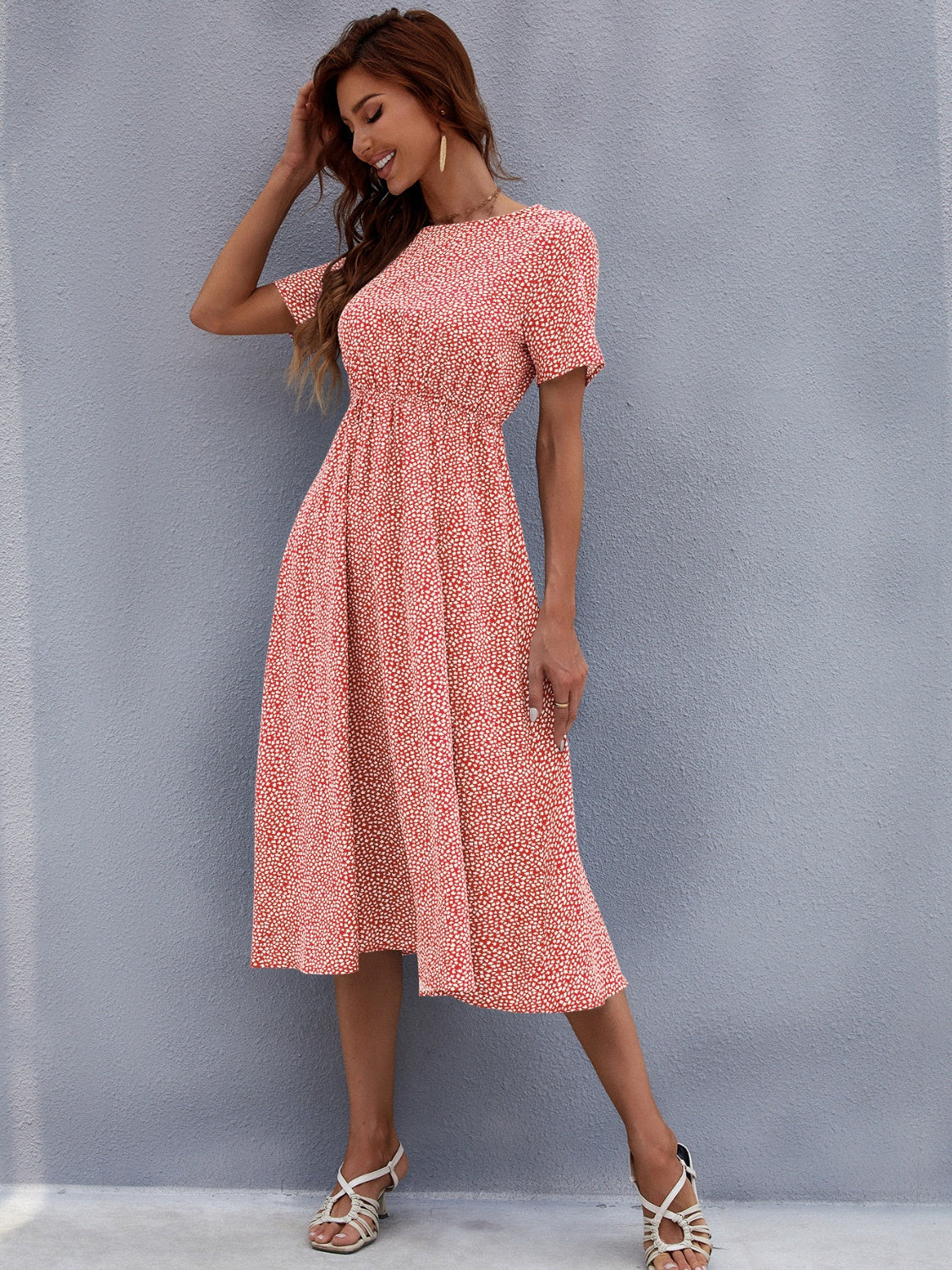 Printed Round Neck Short Sleeve Midi Dress - RebelReine Apparel & Co.