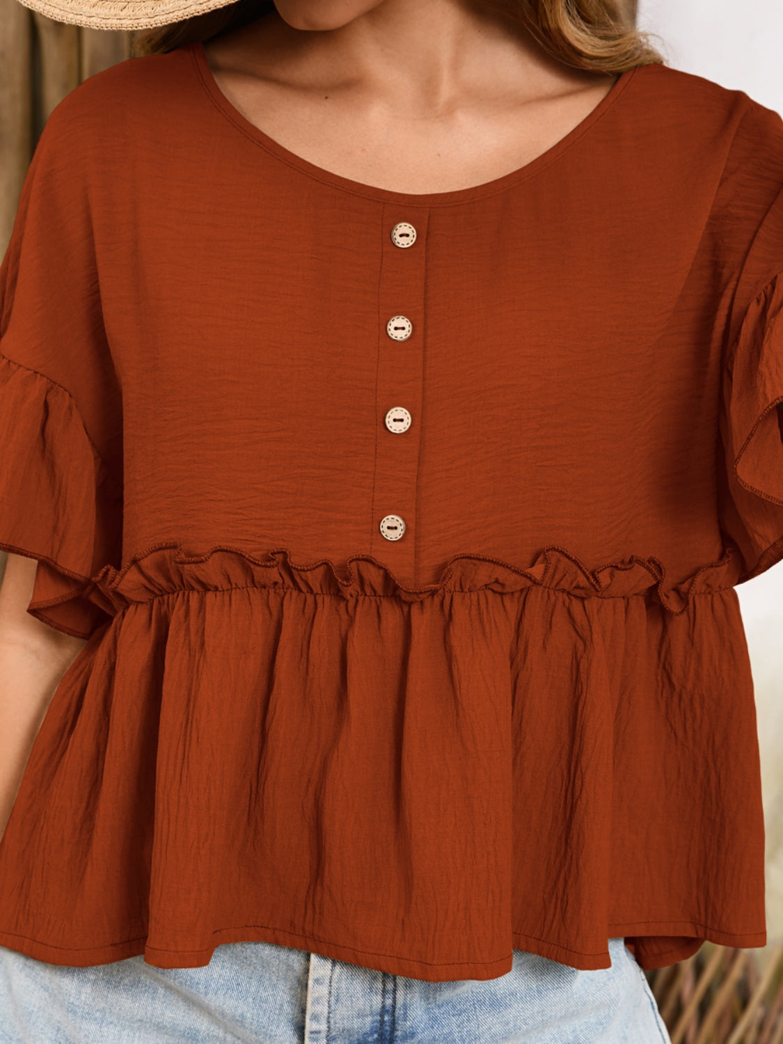 Frill Decorative Button Round Neck Half Sleeve Blouse - RebelReine Apparel & Co.