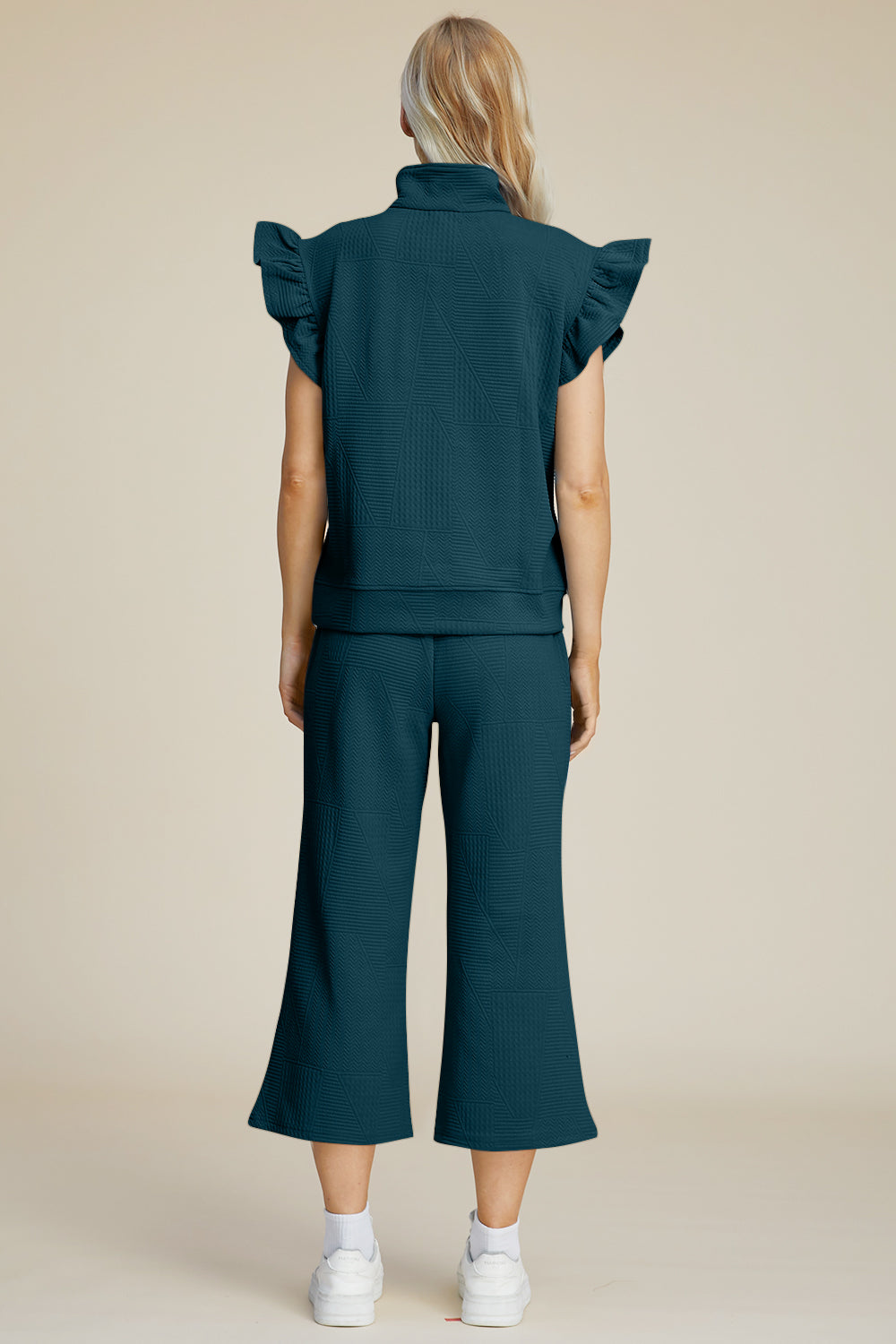 Double Take Full Size Texture Ruffle Short Sleeve Top and Wide Leg Pants Set - RebelReine Apparel & Co.